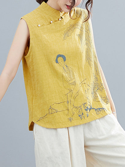 xakxx Artistic Retro Chinese-Style Printed Buttoned Stand Collar Sleeveless Vest