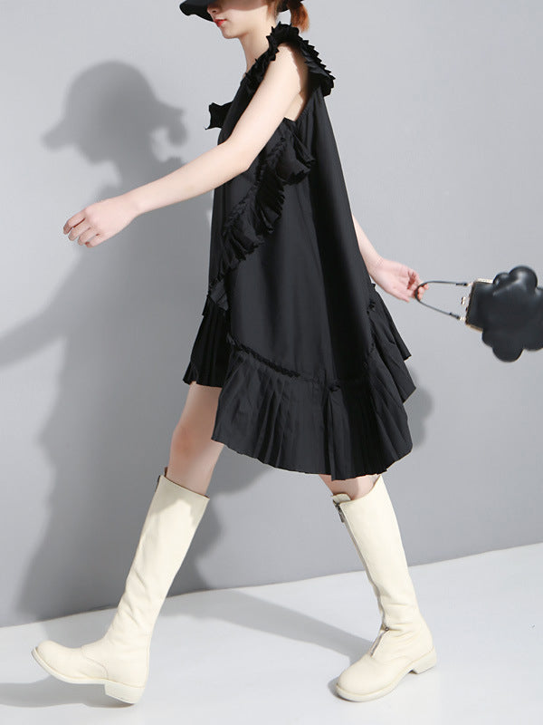 xakxx Flying Sleeves Loose Asymmetric Pleated Solid Color Split-Joint Round-Neck Midi Dresses