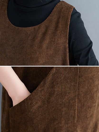 xakxx Corduroy Sleeveless Split-Joint Round-Neck Midi Dress