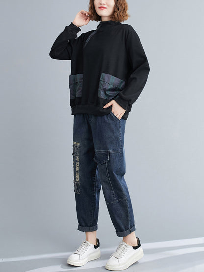 xakxx Simple Long Sleeves Loose Split-Joint Solid Color High-Neck Sweatshirt Tops