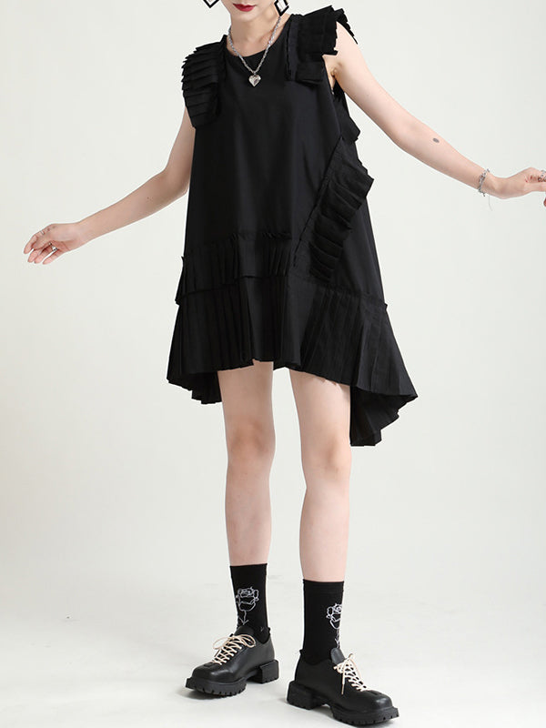 xakxx Flying Sleeves Loose Asymmetric Pleated Solid Color Split-Joint Round-Neck Midi Dresses