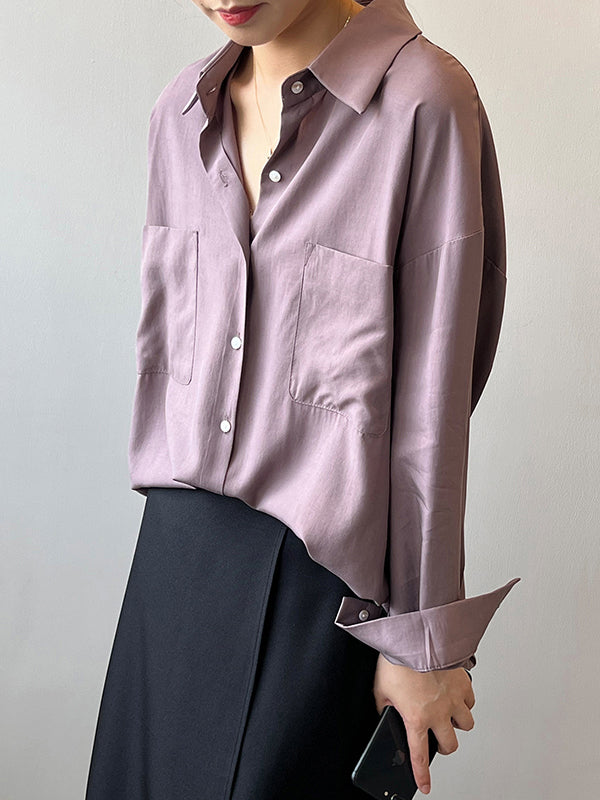 xakxx Vintage Long Sleeves Loose Solid Color Lapel Collar Blouses