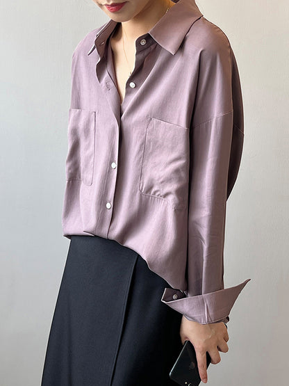 xakxx Vintage Long Sleeves Loose Solid Color Lapel Collar Blouses