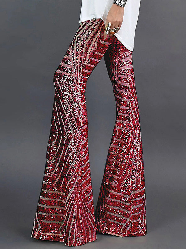 xakxx Flared Pants High Waisted Contrast Color Striped Sequined Pants