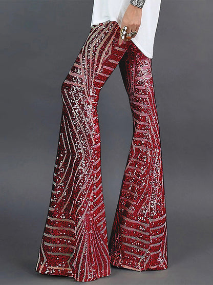 xakxx Flared Pants High Waisted Contrast Color Striped Sequined Pants