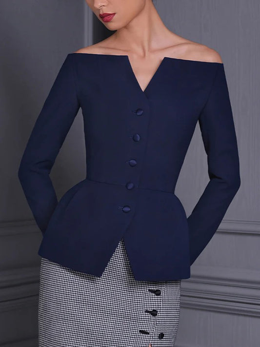 xakxx Long Sleeves Skinny Buttoned Solid Color Off-The-Shoulder Blouses&Shirts Tops