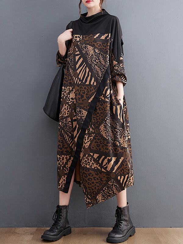 xakxx Long Sleeves Loose Asymmetric Printed Split-Front Split-Joint Mock Neck Midi Dresses
