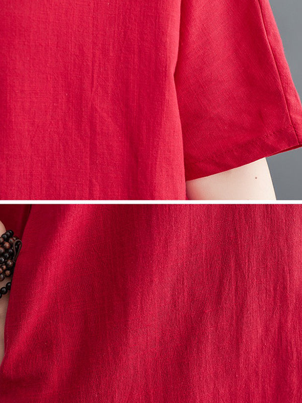 xakxx A-Line Loose Chinese Frog Buttons Pockets Solid Color Split-Side V-Neck Midi Dresses