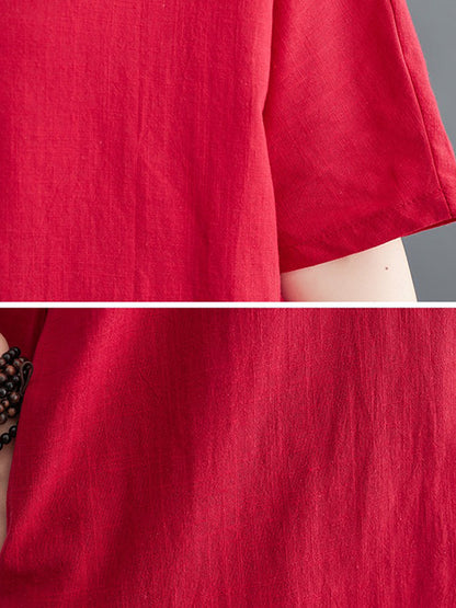 xakxx A-Line Loose Chinese Frog Buttons Pockets Solid Color Split-Side V-Neck Midi Dresses