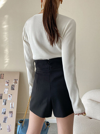 xakxx High Waisted Irregular Clipping Solid Color Culotte Shorts Bottoms
