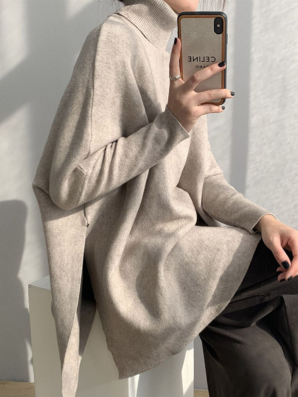 xakxx Original 4 Colors Split-Side High-Neck Long Sleeves Sweater Top