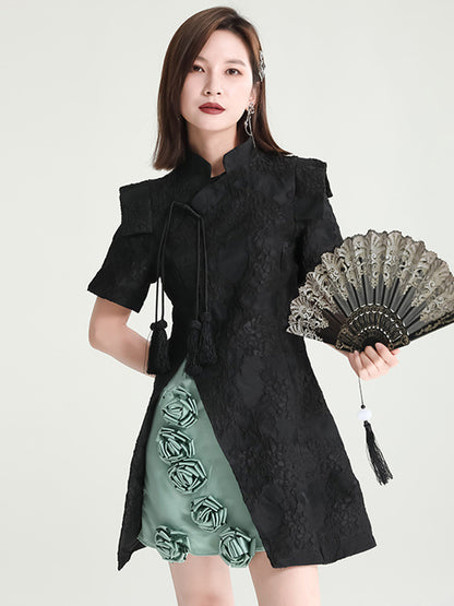 xakxx Vintage Contrast Color Applique Embroidered Short Cheongsams Mini Dress