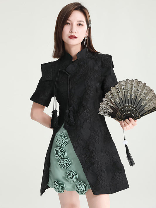 xakxx Vintage Contrast Color Applique Embroidered Short Cheongsams Mini Dress