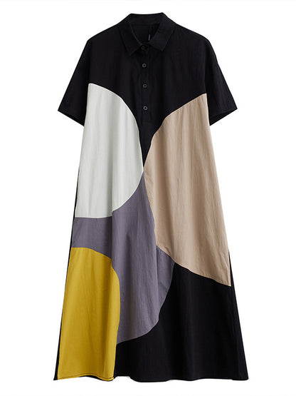 xakxx Loose Oversize Color-Block Contrast Color Split-Joint Lapel Midi Dresses Shirt Dress