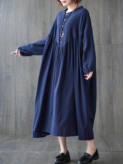 xakxx Loose Puff Sleeves Pleated Solid Color Stand Collar Midi Dresses