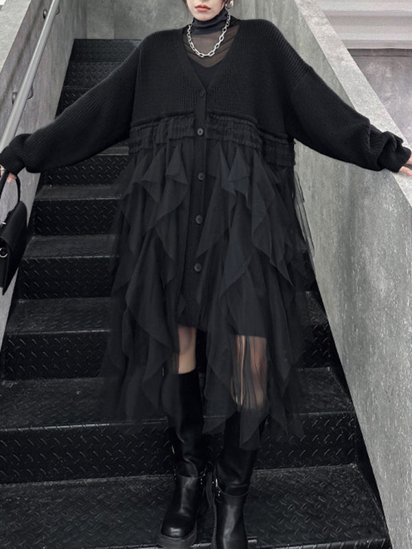 xakxx Long Sleeves Loose Buttoned Pleated Solid Color Split-Joint Tulle Velvet V-Neck Cardigan Tops