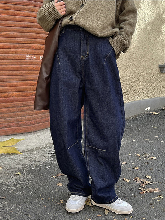 xakxx Casual Loose Wide Leg Solid Color Jean Pants Bottoms