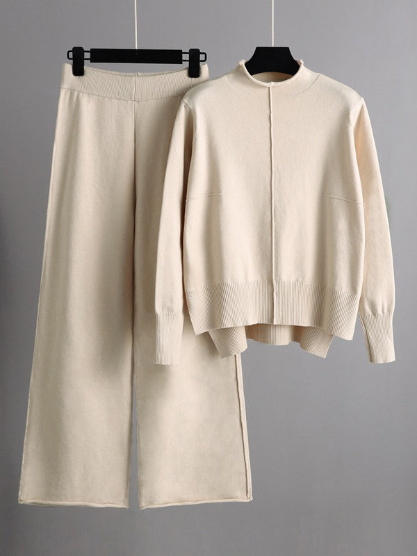 xakxx Stylish High-Low Long Sleeves Split-Side Solid Half Turtleneck Sweater Tops & Wide Leg Pants Two Pieces Set