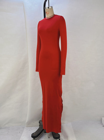 xakxx Bodycon Long Sleeves Solid Color Split-Side Round-Neck Maxi Dresses