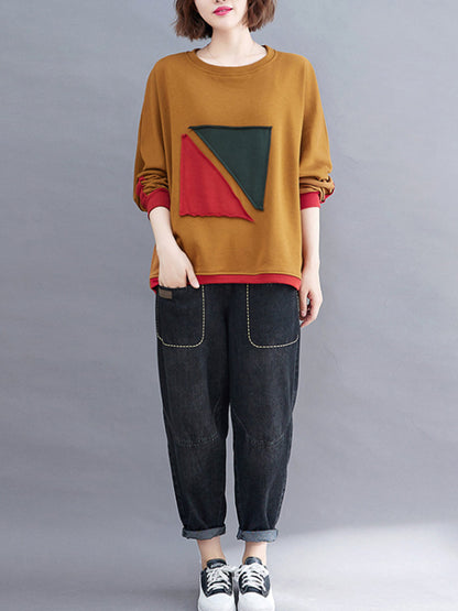 xakxx Artistic Retro Loose Triangle Applique Contrast Color Round-Neck Long Raglan Sleeves Sweatshirt