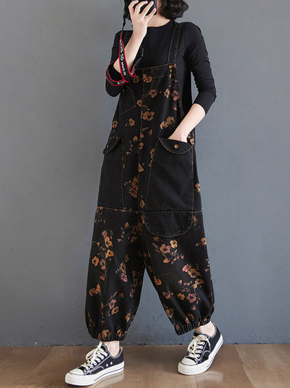 xakxx Original Floral With Pocket Harem Denim Overalls