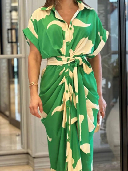 xakxx High Waisted Short Sleeves Buttoned Flower Print Tied Waist Lapel Maxi Dresses Shirt Dress