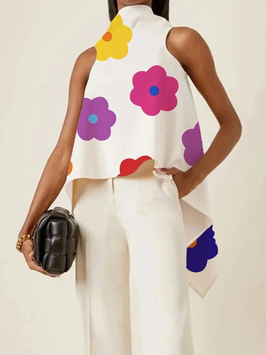 xakxx High-Low Loose Floral Printed High-Neck Vest Top