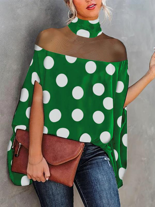 xakxx Trendy Batwing Sleeves Polka-Dot See-Through High-Neck Blouses&Shirts Tops