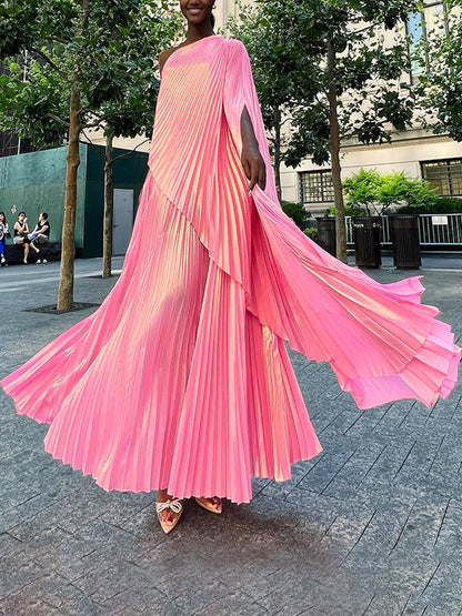 xakxx Loose Asymmetric Pleated One-Shoulder Maxi Dresses