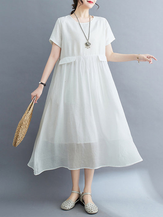 xakxx Loose Short Sleeves Gauze Solid Color Split-Joint Round-Neck Midi Dresses