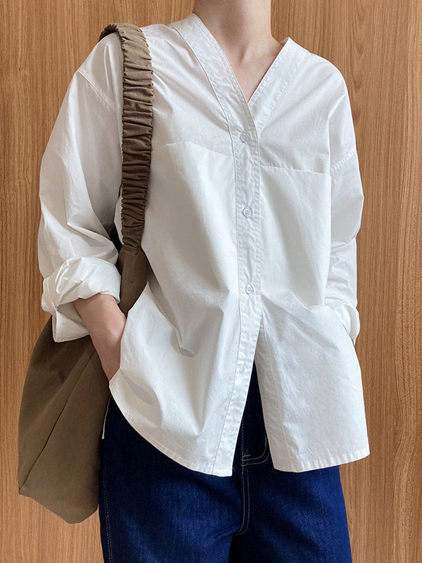 xakxx Loose Simple V-Neck Pocket Blouses