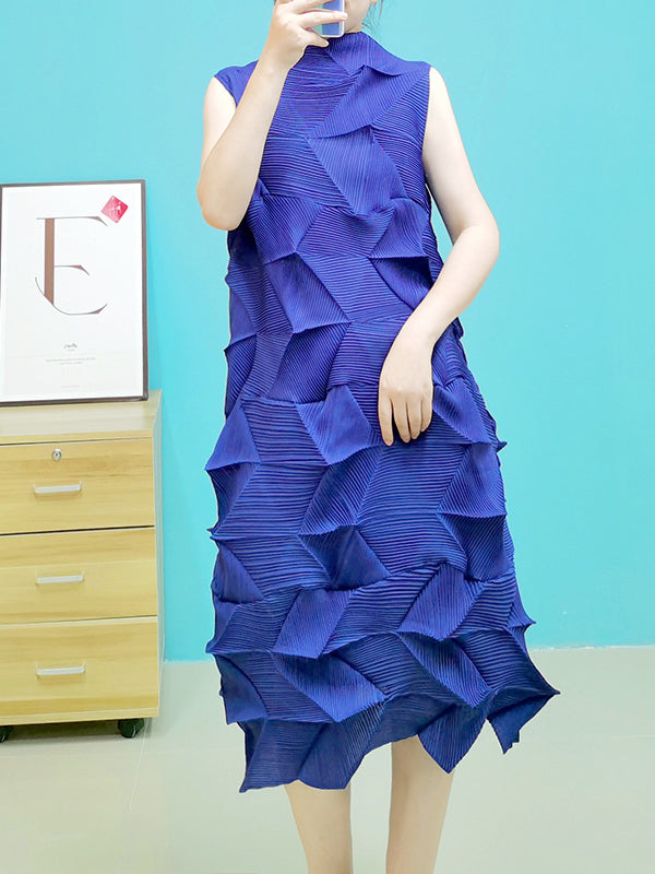 xakxx Casual Sleeveless Irregularity Pleated Solid Color Stand Collar Midi Dresses