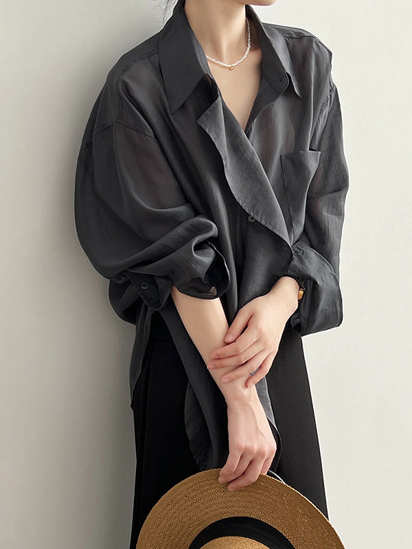 xakxx Irregular Clipping Long Sleeves Solid Color Lapel Blouses&Shirts Tops