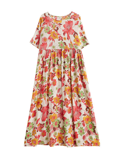 xakxx Loose Short Sleeves Pleated Printed Split-Joint Round-Neck Midi Dresses