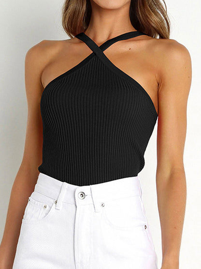 xakxx Skinny Sleeveless Solid Color Halter-Neck Vest Top