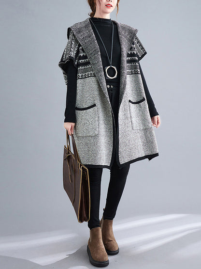 xakxx Artistic Retro Loose Casual With Pocket Hooded Short Sleeves Cardigan Outwear