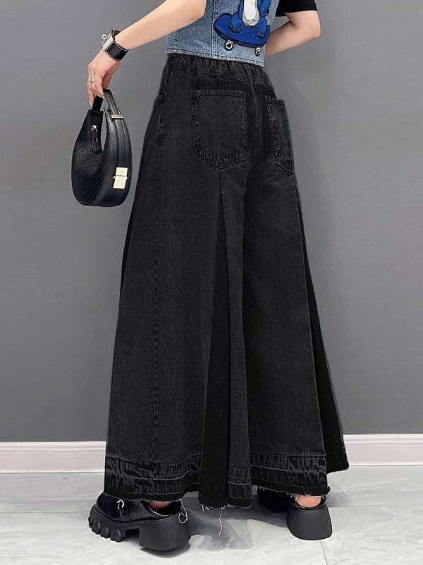 xakxx Loose Wide Leg Contrast Color Drawstring Fringed Pockets Jean Pants Bottoms