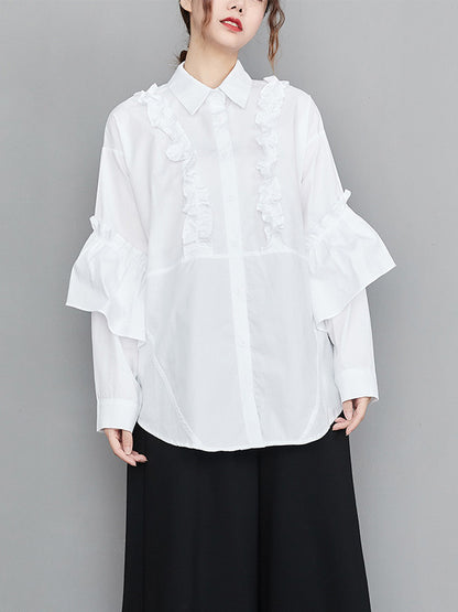 xakxx Casual Loose Long Sleeves Buttoned Ruffled Solid Color Lapel Collar Blouses&Shirts Tops