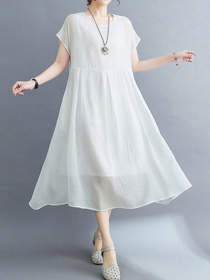 xakxx Loose Short Sleeves Solid Color Split-Joint Round-Neck Midi Dresses