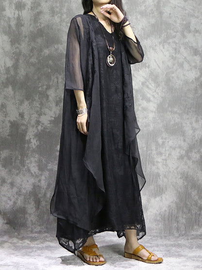 xakxx False Two Loose Flower Print Solid Color V-Neck Midi Dresses