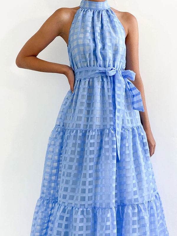 xakxx Loose Sleeveless Plaid Ribbed Stand Collar Maxi Dresses