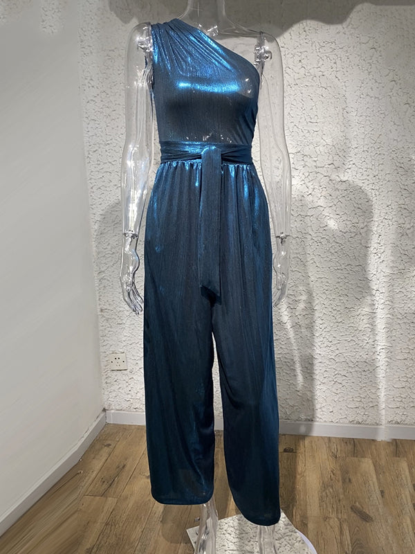xakxx High Waisted Wide Leg Solid Color One-Shoulder Jumpsuits