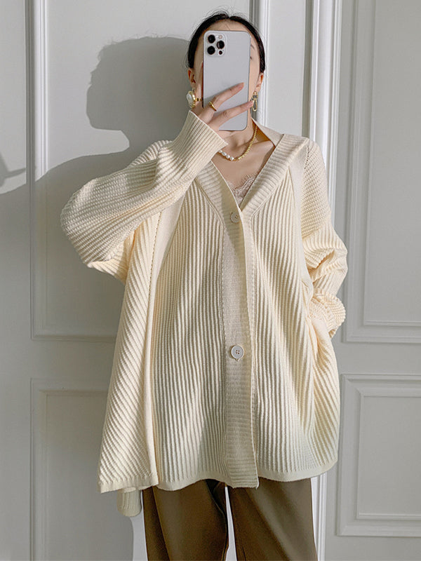 xakxx Stylish A-Line Long Sleeves Loose Solid Color V-Neck Cardigan Tops