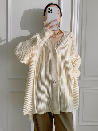 xakxx Stylish A-Line Long Sleeves Loose Solid Color V-Neck Cardigan Tops