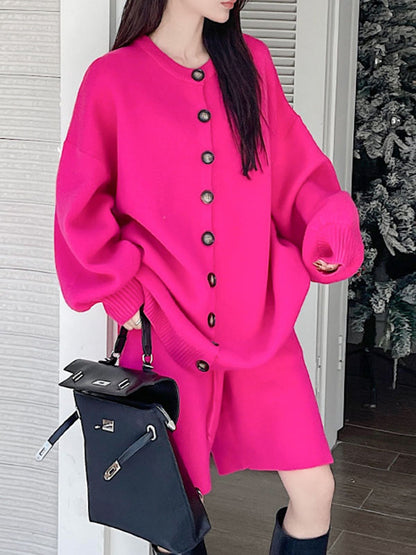 xakxx Long Sleeves Loose Buttoned Round-Neck Sweater Top + Drawstring Shorts Bottom Two Pieces Set