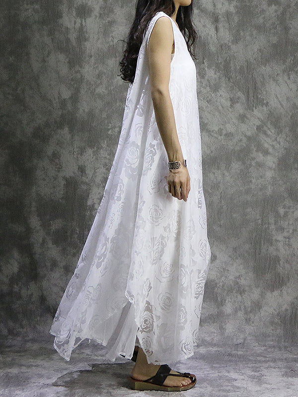xakxx False Two Loose Flower Print Solid Color V-Neck Midi Dresses
