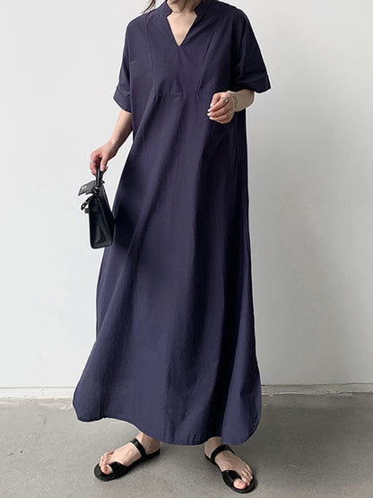 xakxx Loose Short Sleeves Solid Color V-Neck Maxi Dresses