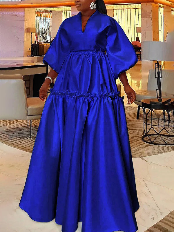 xakxx High Waisted Puff Sleeves Falbala Solid Color V-Neck Maxi Dresses