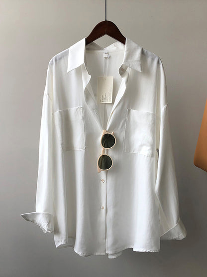 xakxx Vintage Long Sleeves Loose Solid Color Lapel Collar Blouses