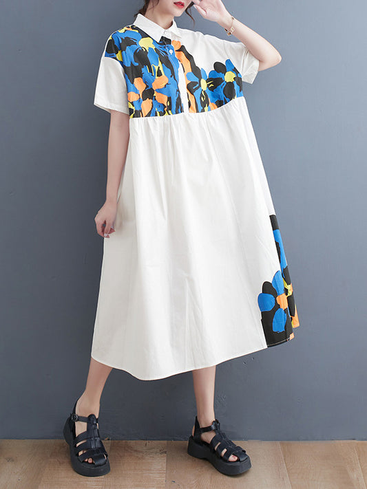 xakxx Artistic Retro Loose Short Sleeves Floral Printed Split-Joint Lapel Collar Midi Dresses